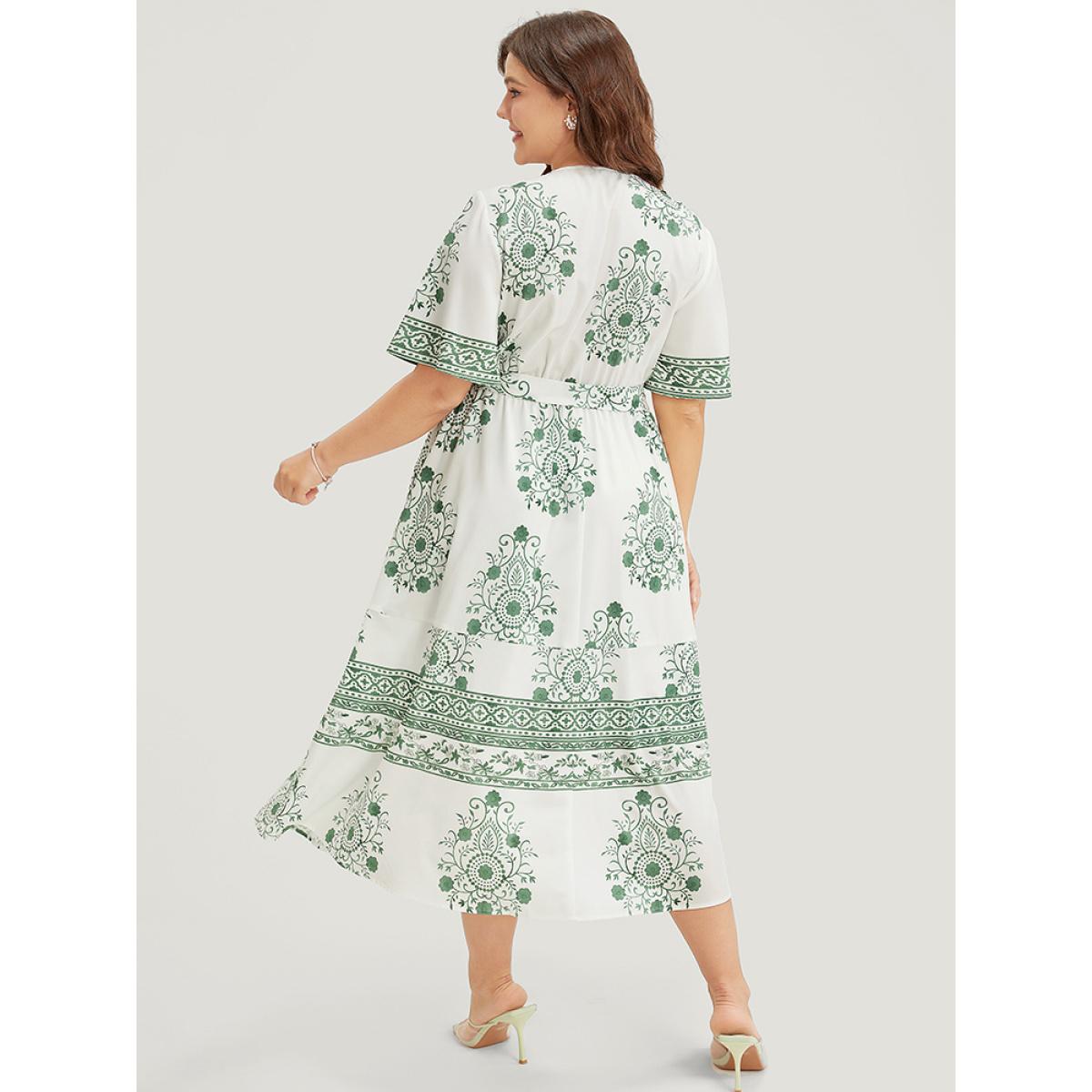 Plus Size Bandana Print Ruffle Sleeve Pocket Belted Midi Dress Green Women Vacation Lined V-neck Short sleeve Curvy Midi Dress BloomChic 22-24/3X Product Image