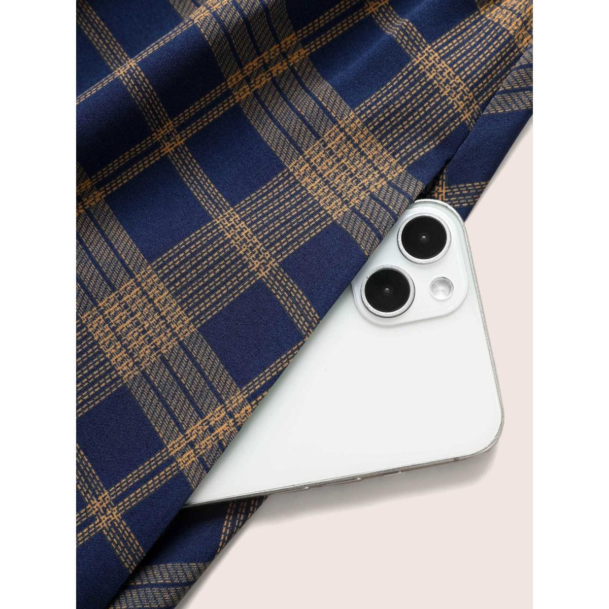 Plus Size Plaid Button Up Elastic Waist Pocket Dress DarkBlue Women At the Office Button Shirt collar Short sleeve Curvy BloomChic 10/M Product Image