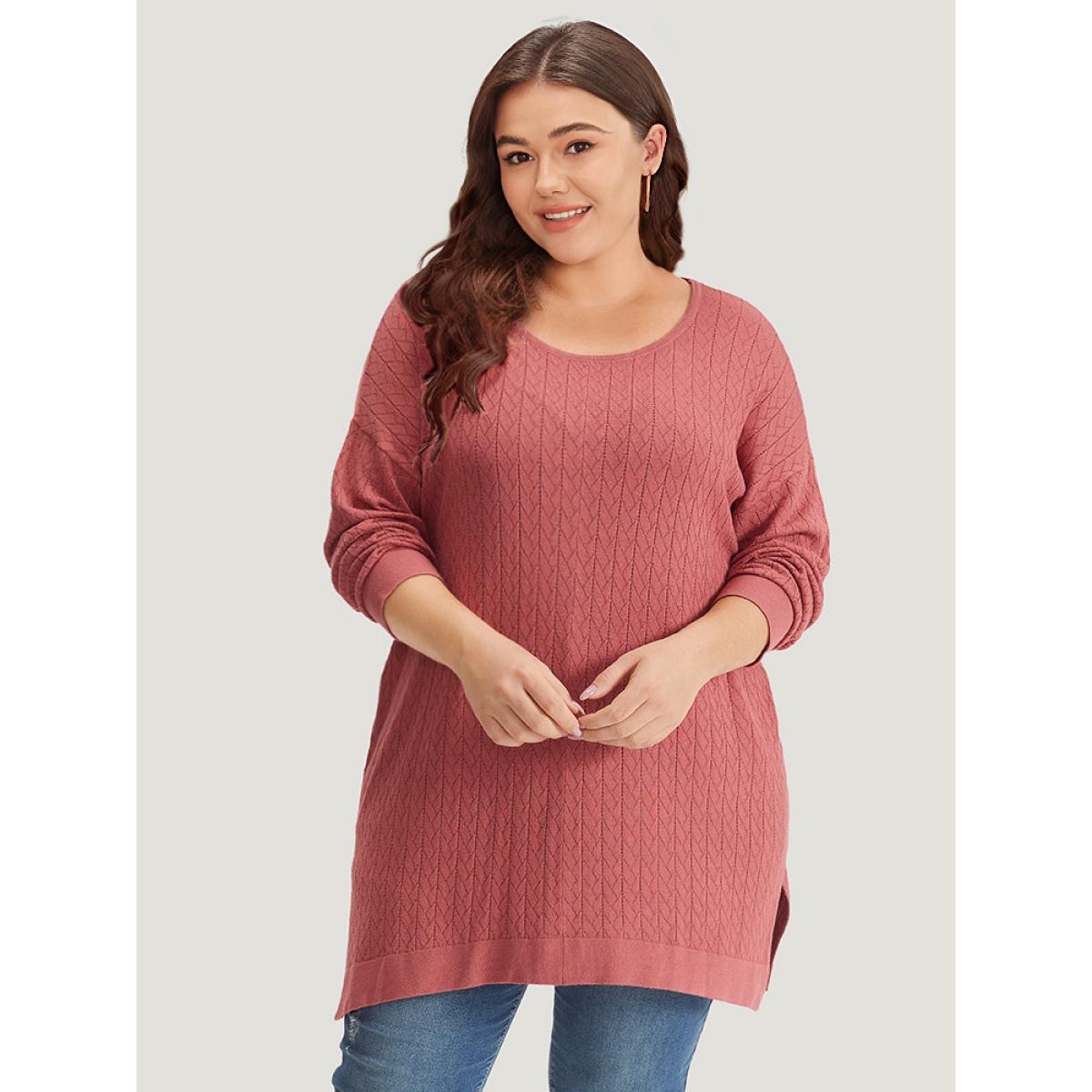 Plus Size Supersoft Essentials Geometric Split Side Loose Pullover Russet Women Casual Loose Long Sleeve Round Neck Everyday Pullovers BloomChic 26/4X Product Image