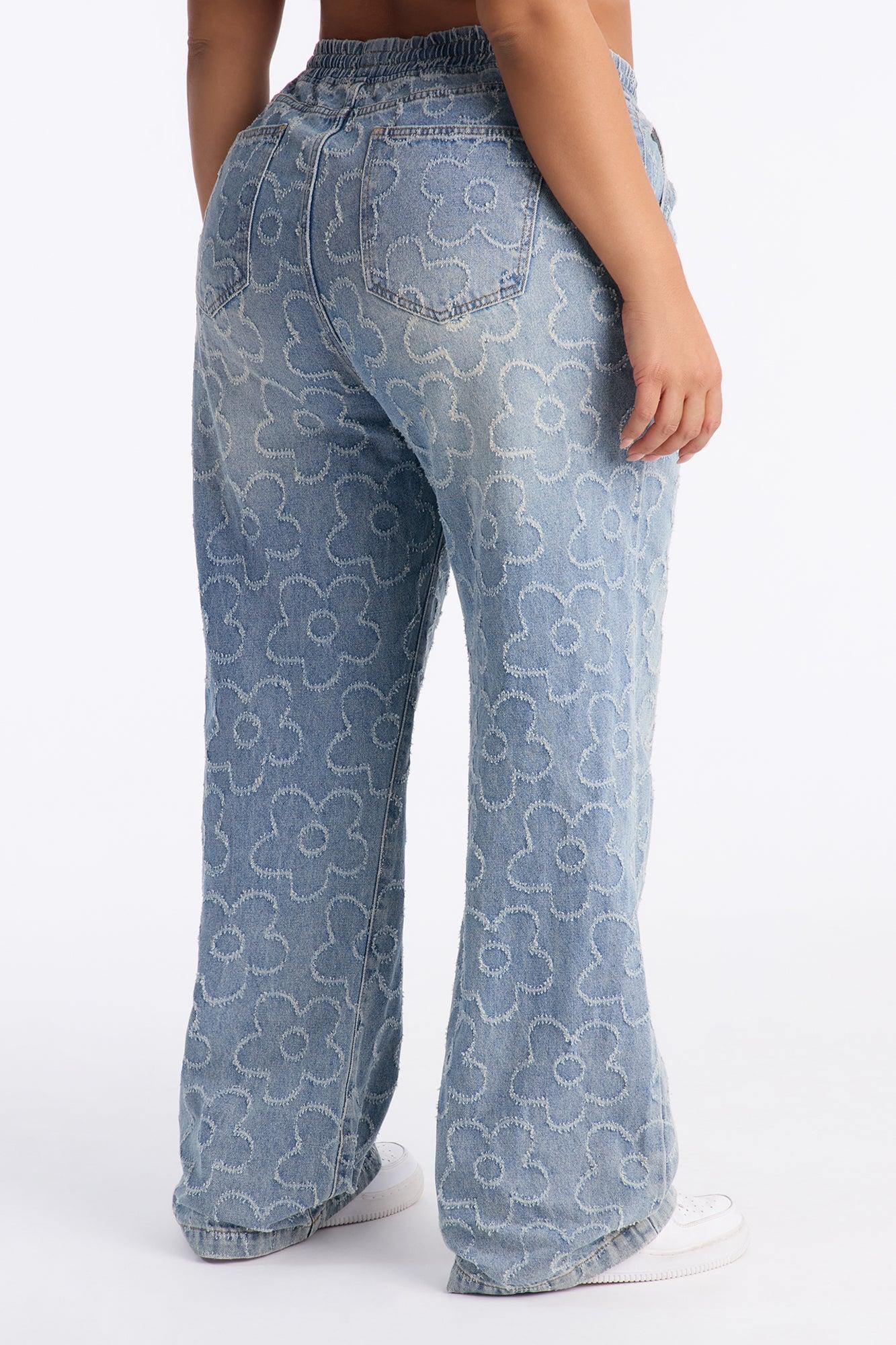 Flower Power Pull On Tie Waist Straight Leg Jeans - Medium Wash Female Product Image
