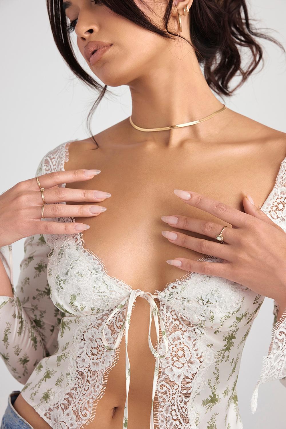 Clarissa  garden print lace trim top Product Image