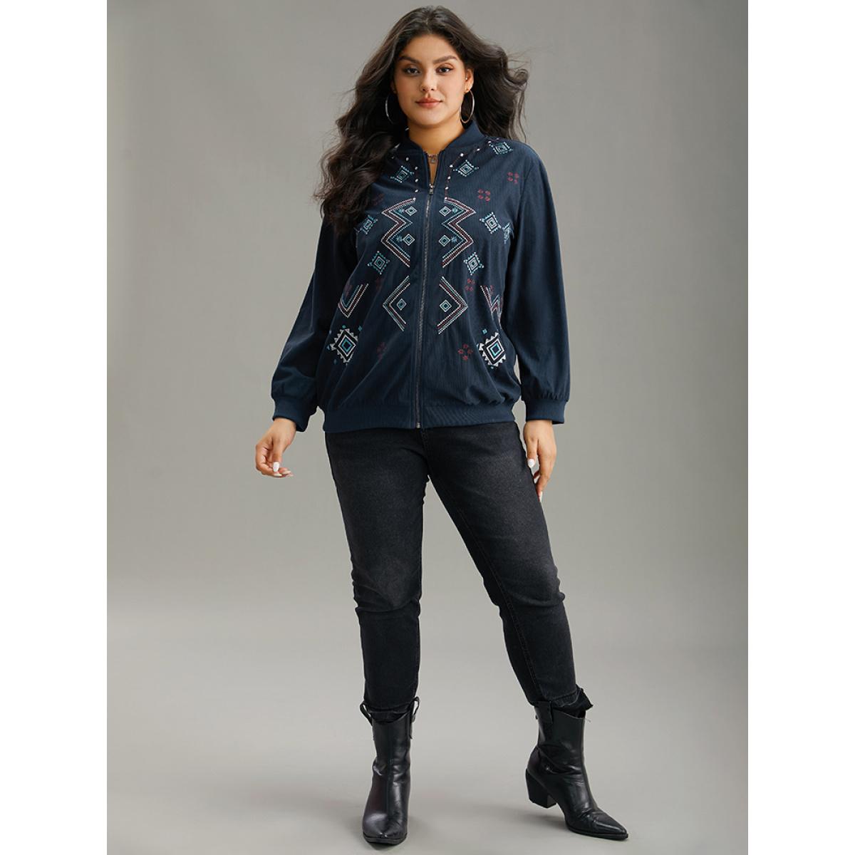 Plus Size Corduroy Geo Embroidered Zipper Fly Jacket Women Indigo Elastic cuffs Dailywear Jackets BloomChic 22-24/3X Product Image