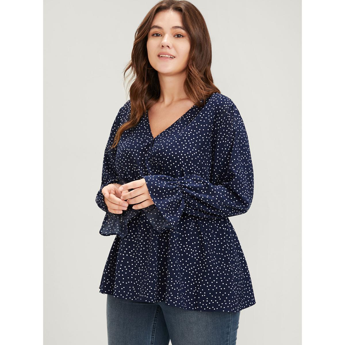 Plus Size DarkBlue Polka Dot Button Lantern Sleeve Ruffles Hem Wrap Blouse Women Elegant Long Sleeve V-neck Dailywear Blouses BloomChic 18-20/2X Product Image
