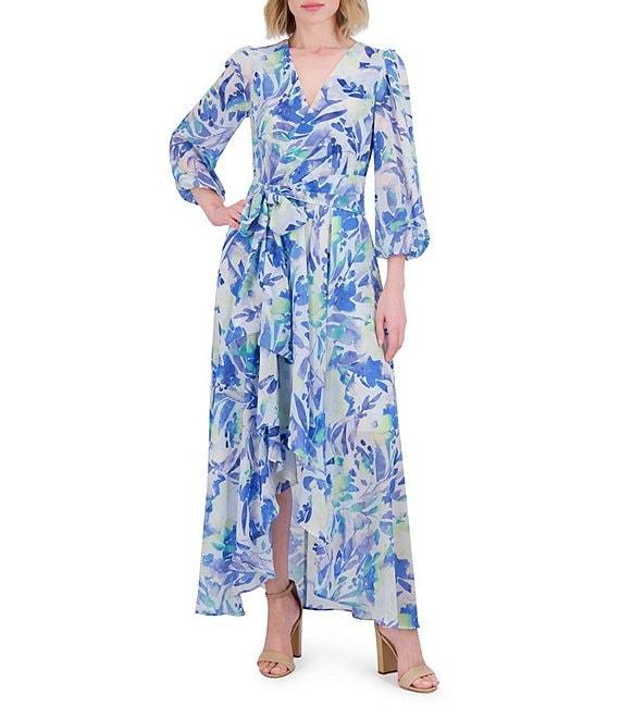 Eliza J Chiffon Floral Print V Neck Long Sleeve Waist Tie Belt A-Line Dress Product Image
