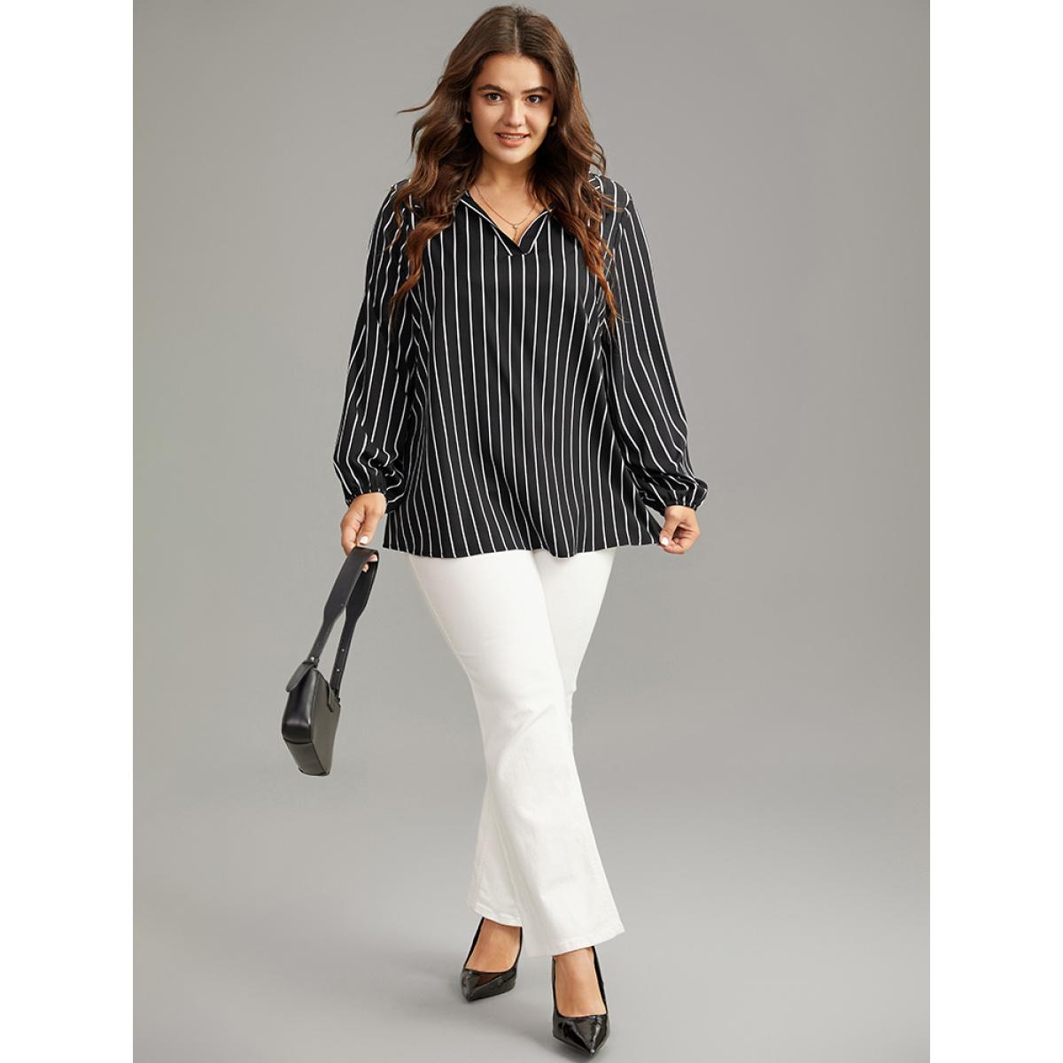 Plus Size Black Striped Shirt Collar Lantern Sleeve Blouse Women Office Long Sleeve Shirt collar Office Blouses BloomChic 30/6X Product Image