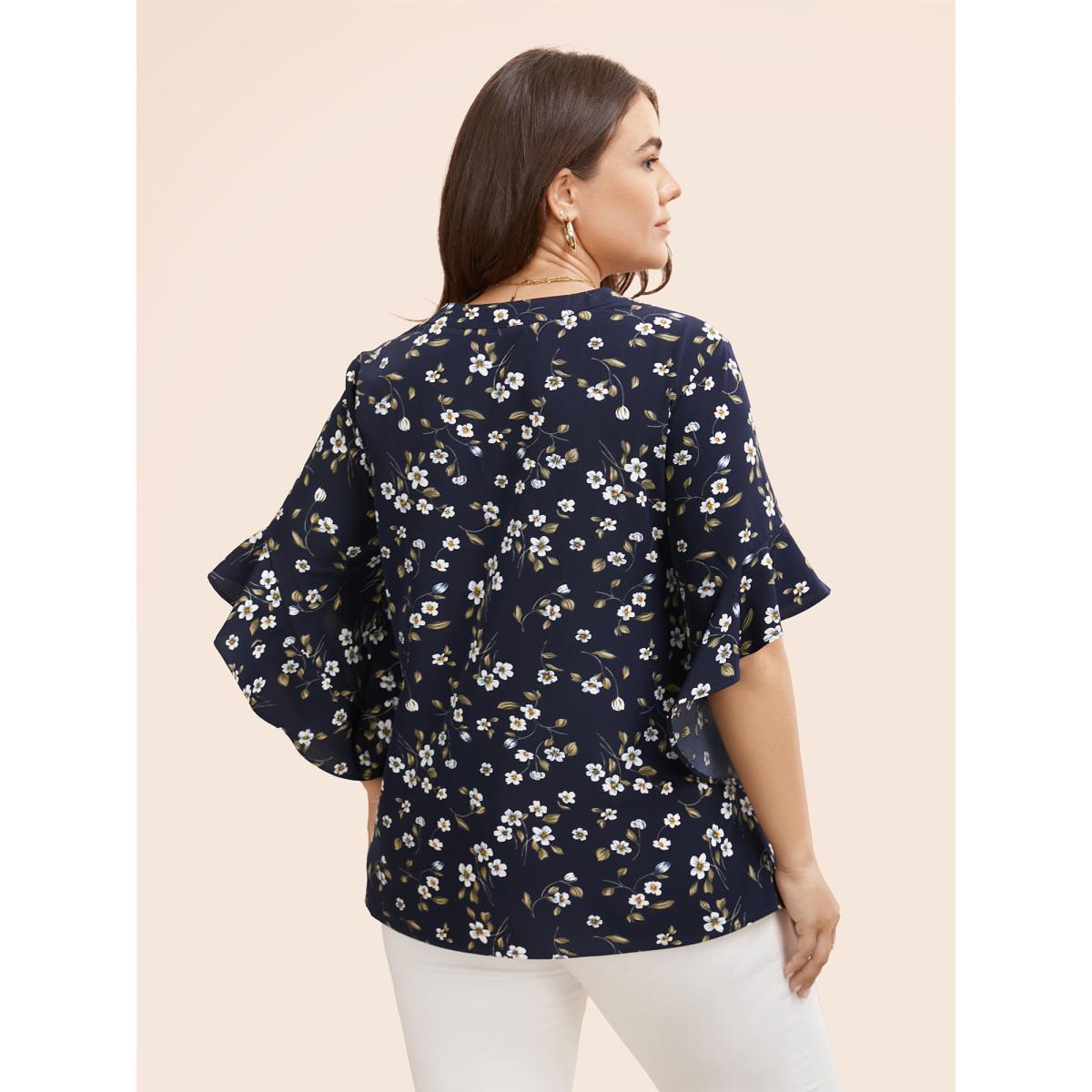 Plus Size Indigo Notched Floral Pleated Ruffle Sleeve Blouse Women Elegant Half Sleeve Flat collar with V-notch Everyday Blouses BloomChic 12/L Product Image
