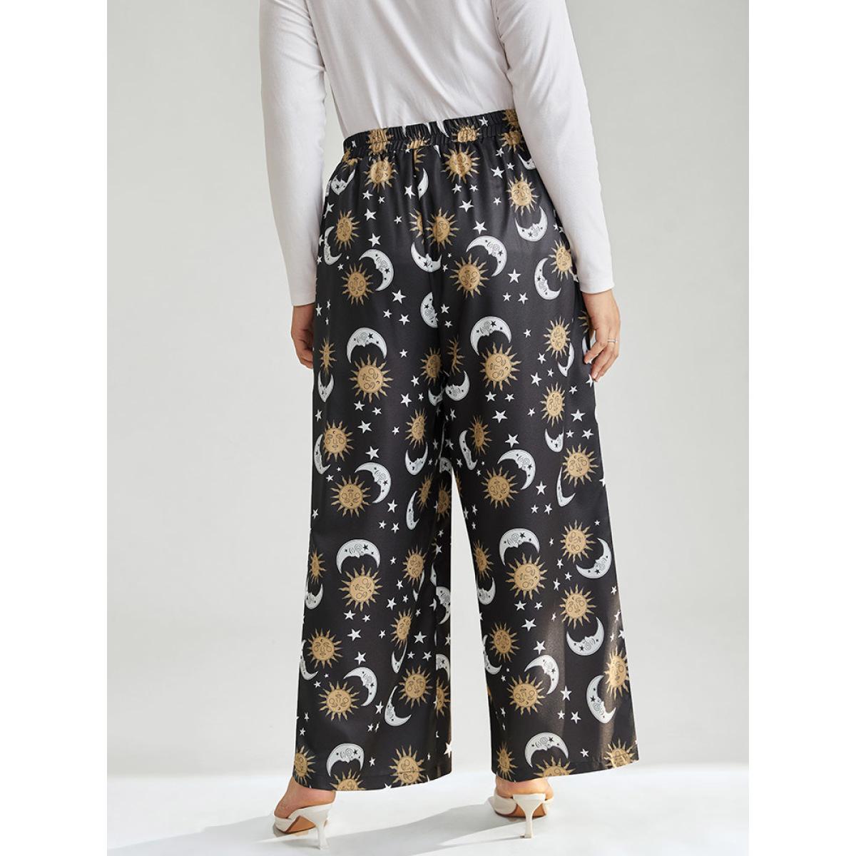 Plus Size Horoscope Print Wide Leg Elastic Waist Pants Women Black Elegant Wide Leg Mid Rise Festival-Christmas Pants BloomChic 28/5X Product Image