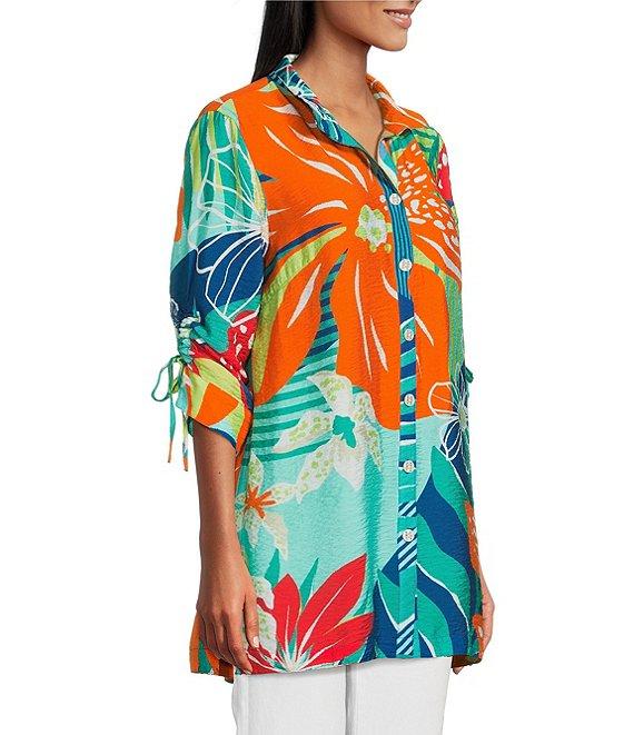 John Mark Printed Wire Collar 3/4 Cinch Tie Sleeve Button Front Tunic Product Image