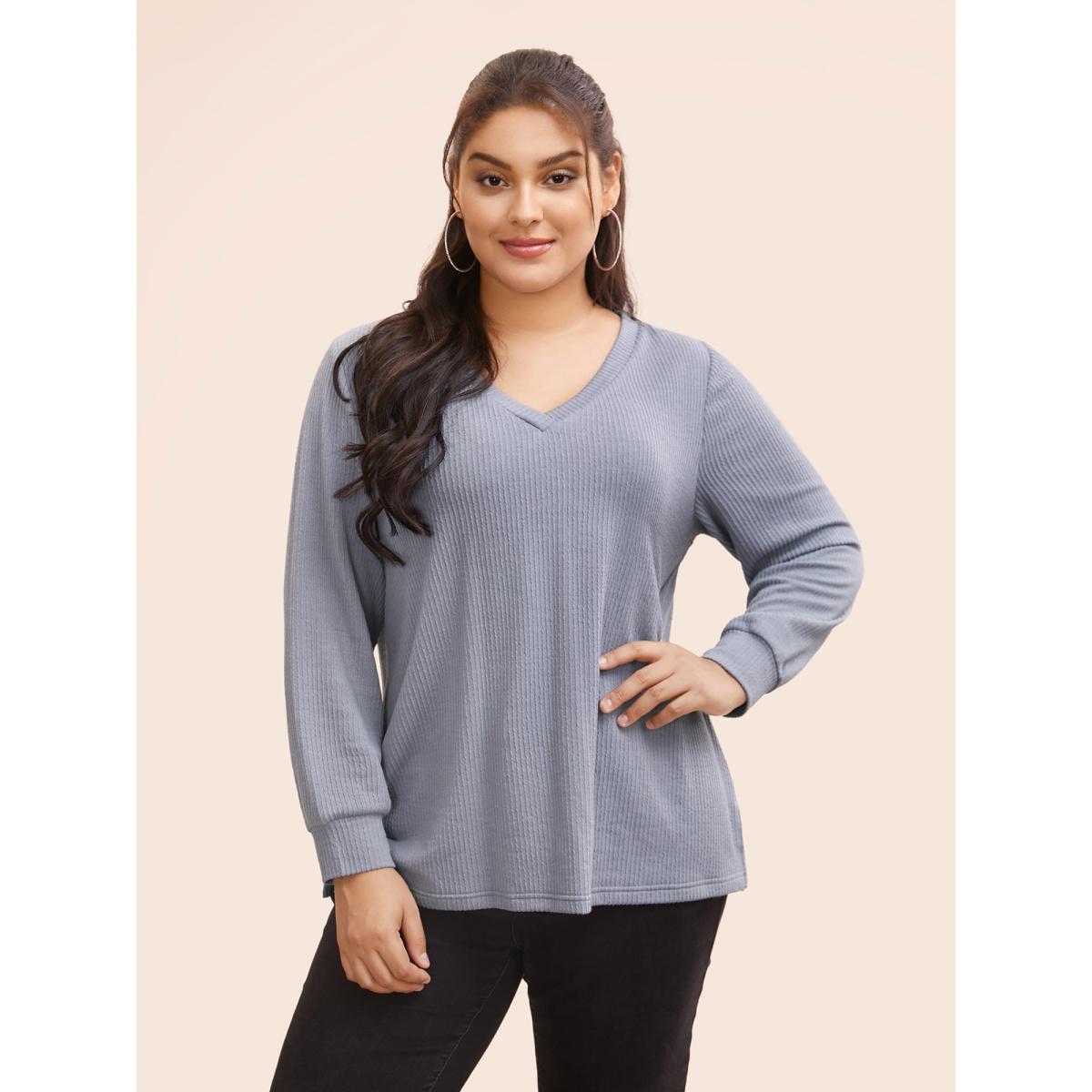 Plus Size Plain Textured Split Hem T-shirt Mediumgray Women Casual Texture V-neck Everyday T-shirts BloomChic 26/4X Product Image