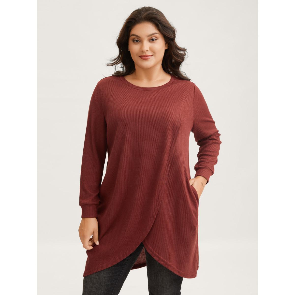 Plus Size Solid Waffle Knit Overlap Hem T-shirt Rust Women Leisure Overlapping Round Neck Casual T-shirts BloomChic 26/4X Product Image