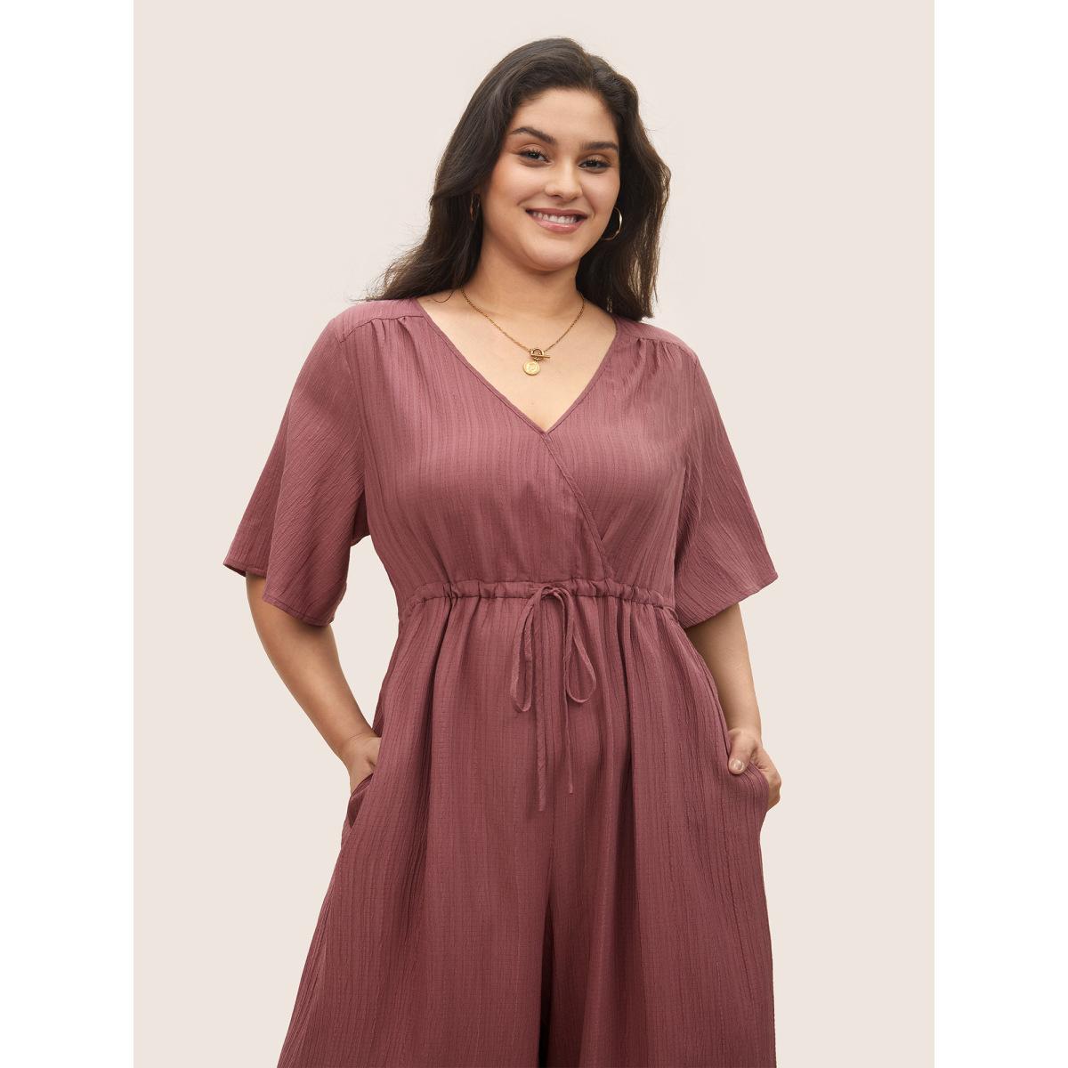 Plus Size Burgundy Plain Texture Drawstring Pleated Wrap Jumpsuit Women Casual Short sleeve Overlap Collar Everyday Loose Jumpsuits BloomChic 22-24/3X Product Image
