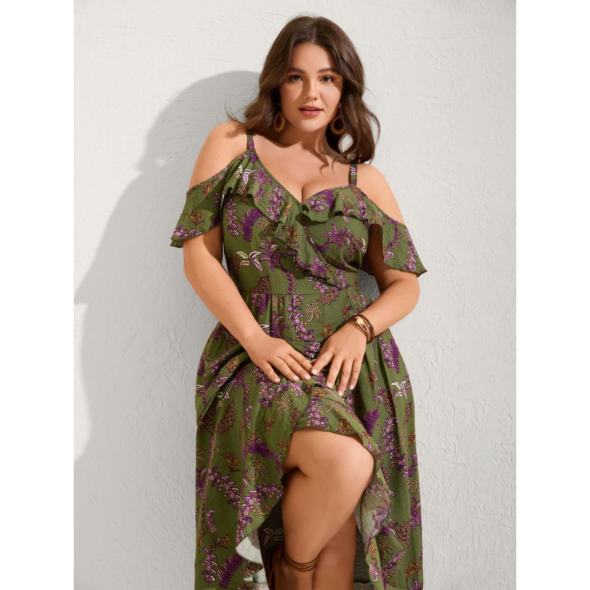 Plus Size Boho Floral Ruffled Off-Shoulder Midi Dress Moss Women One-shoulder neck Short sleeve Curvy BloomChic 10/M Product Image