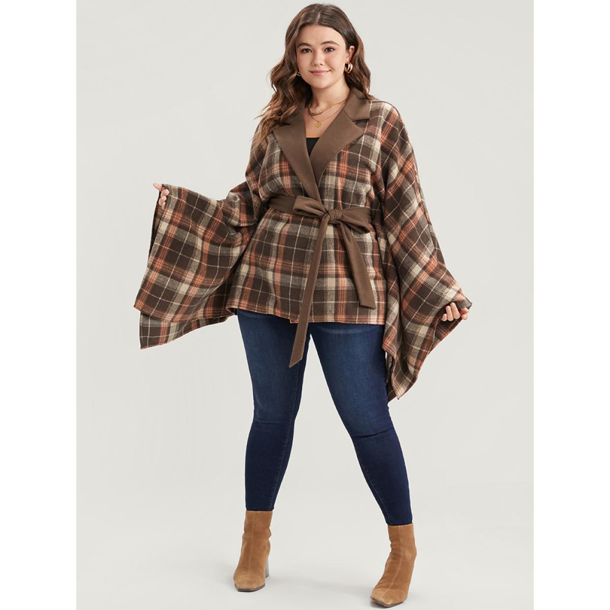 Plus Size Plaid Contrast Suit Collar Dolman Sleeve Belted Coat Women DarkBrown Elegant Belted Loose Ladies Dailywear Winter Coats BloomChic 12/L Product Image