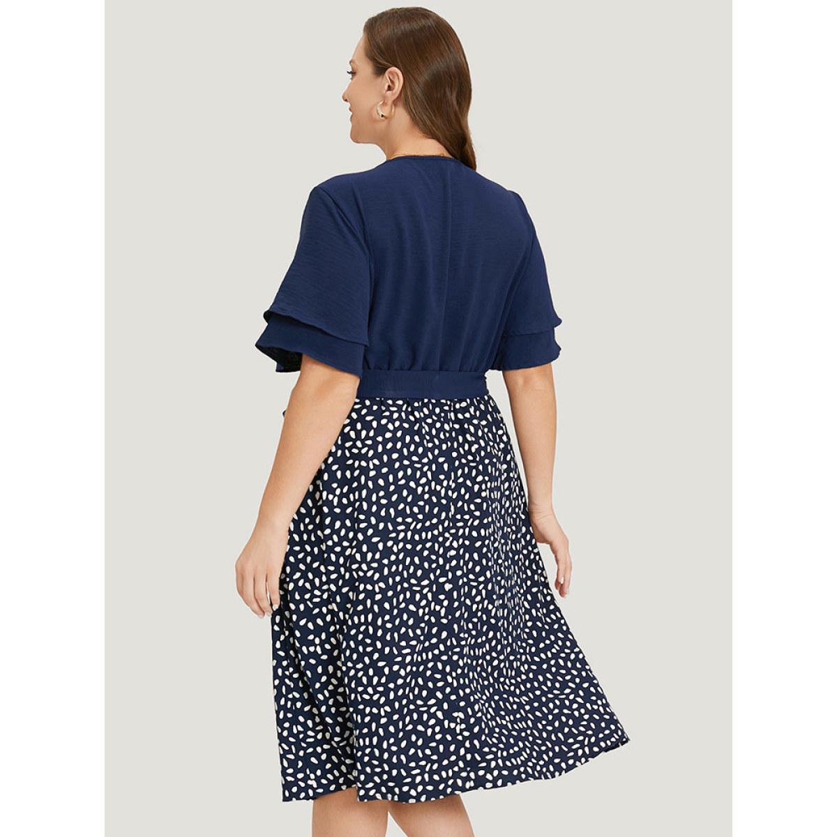 Plus Size Water Drop Print Patchwork Ruffle Zipper Belted Dress Navy Women Office Plain V-neck Short sleeve Curvy Midi Dress BloomChic 22-24/3X Product Image