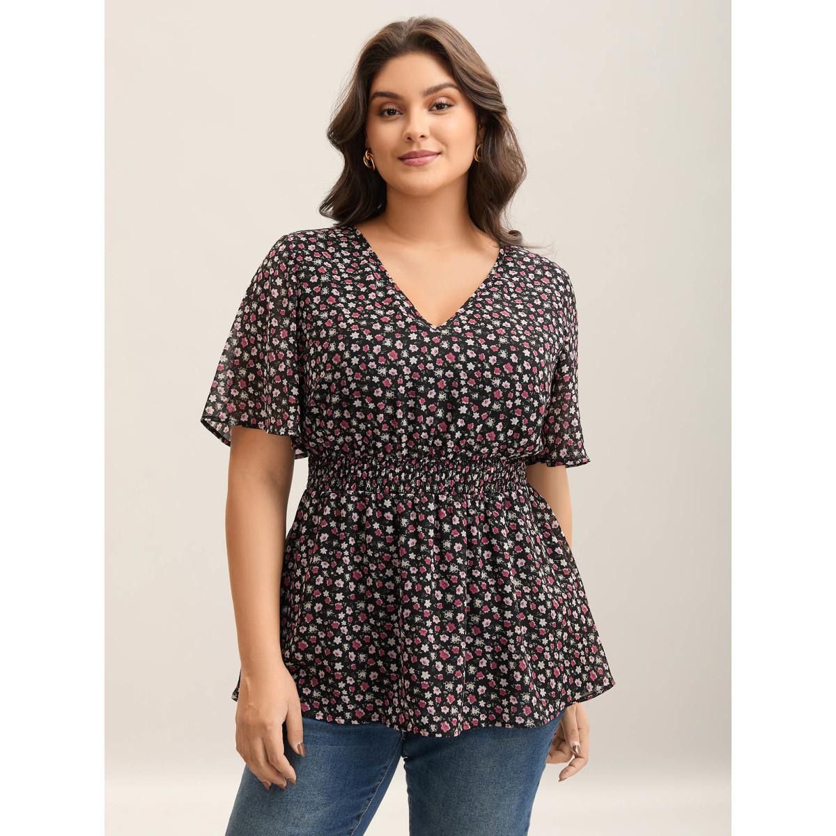 Plus Size Black Floral Print Shirred Waist Cinched Shirt Women Timeless Half Sleeve V-neck Elegant Blouses BloomChic 12/L Product Image