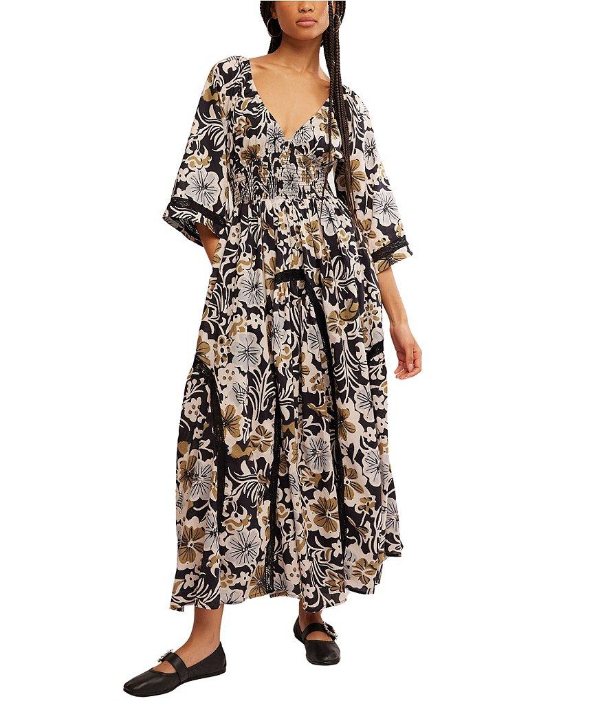 Free People Printed Dixie V Neck 3/4 Sleeve Maxi Dress Product Image