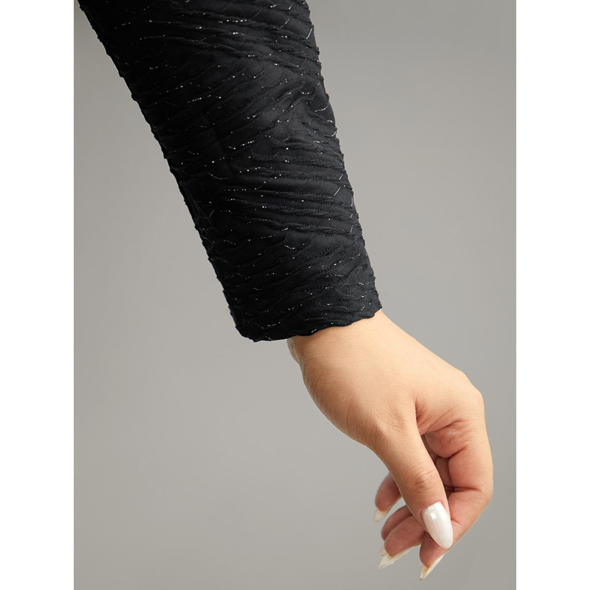 Plus Size Plisse Solid Notched Long Sleeve T-shirt Black Women Casual Texture Plain Notched collar Dailywear T-shirts BloomChic 12/L Product Image