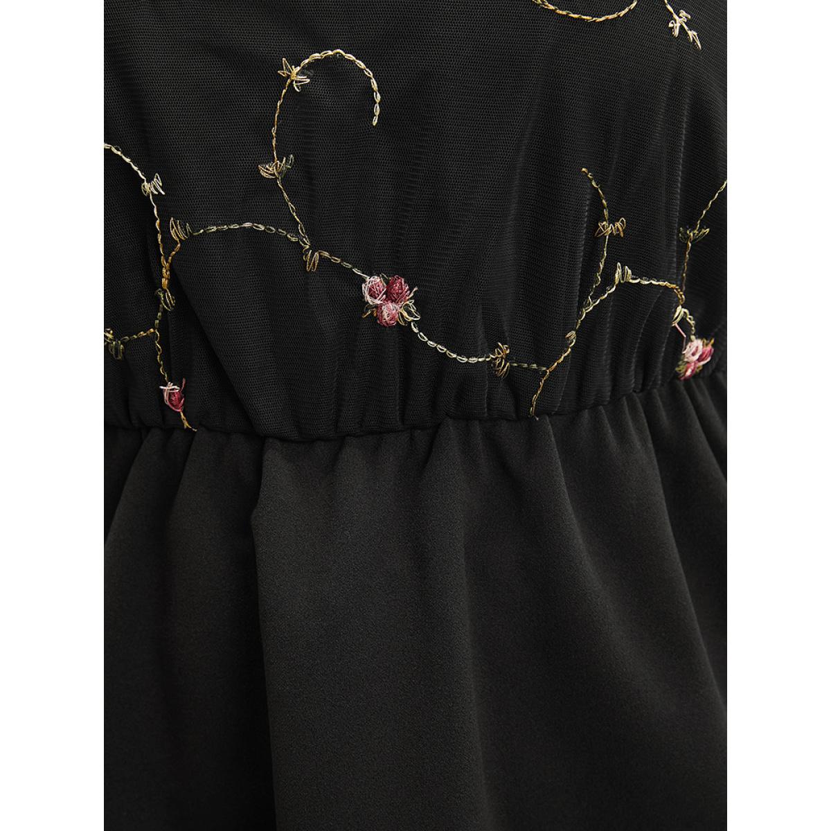 Plus Size Black Floral Embroidered Mesh Patchwork Ruffles Blouse Women Glamour Short sleeve Round Neck Party Blouses BloomChic 26/4X Product Image