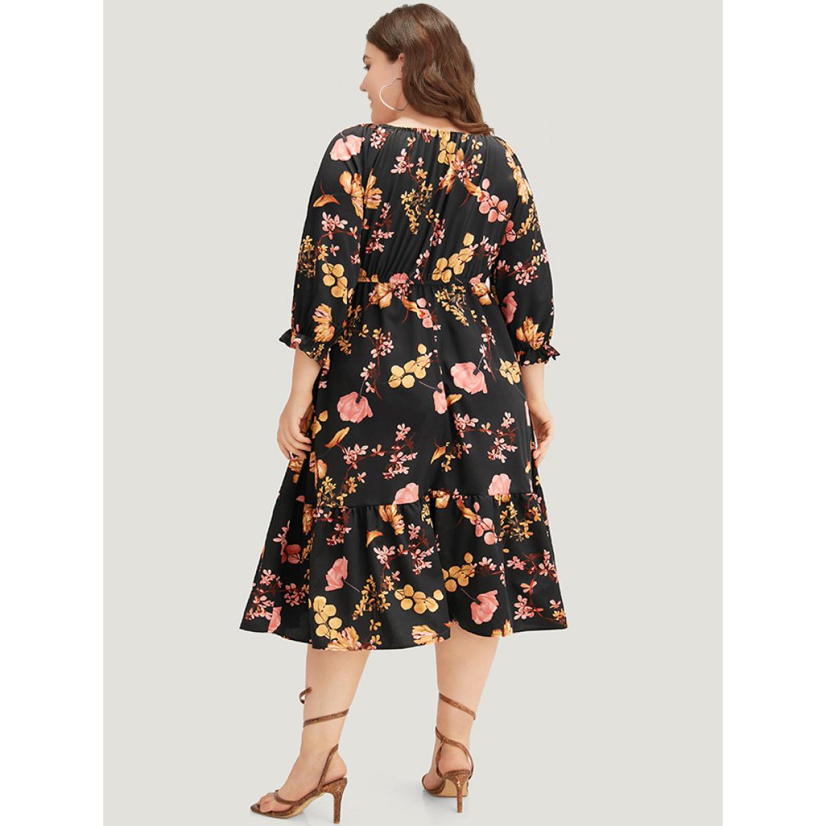 Plus Size Floral Print Bowknot Flutter Trim Tiered Dress Black Women Elegant Gathered Square Neck Elbow-length sleeve Curvy Midi Dress BloomChic 26/4X Product Image
