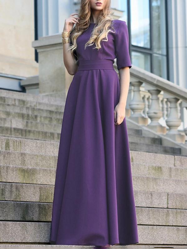 Half Sleeves High Waisted Solid Color Tied Waist V-Neck Maxi Dresses Product Image