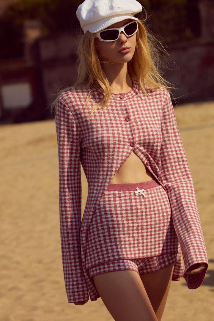 Gingham Knit Skort — Pink Product Image