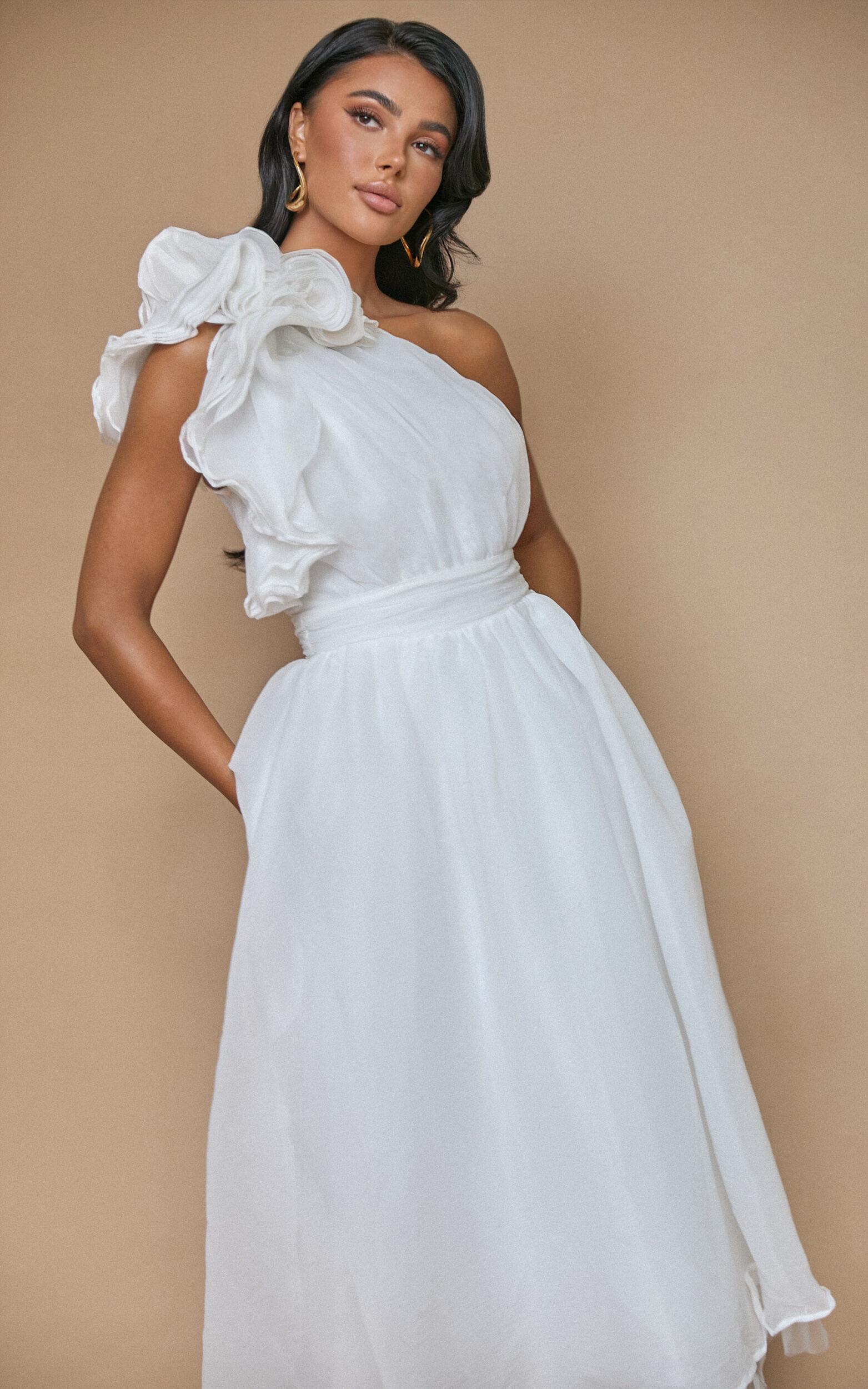 Tia Midi Dress - One Shoulder Frill Detail Fit & Flare Dress in White Product Image