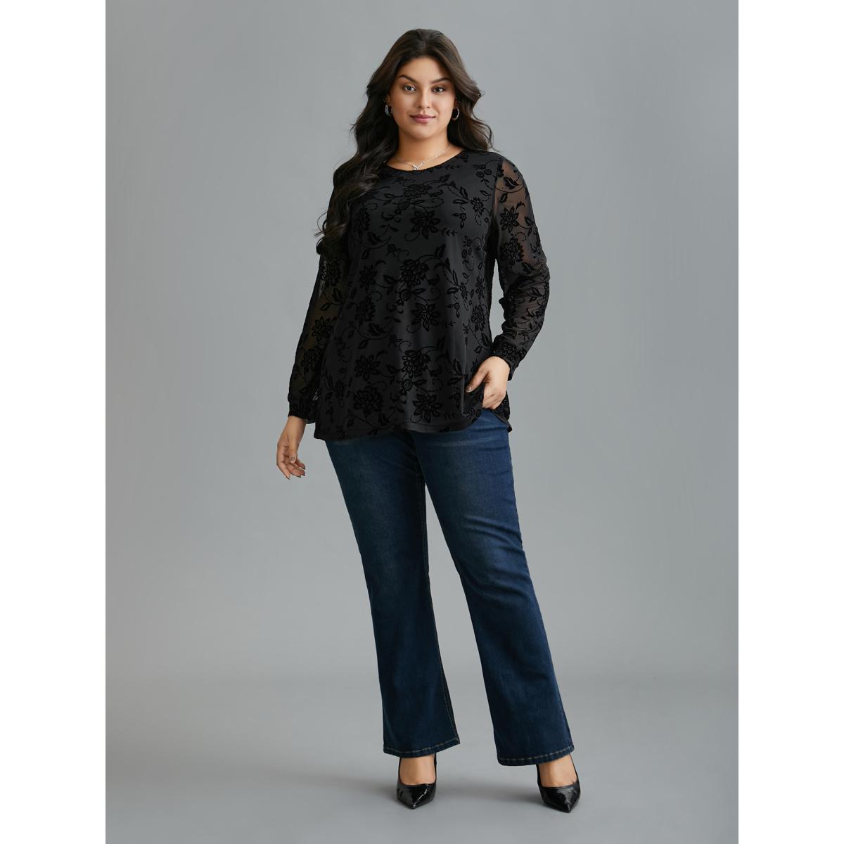 Plus Size Black Floral Flocking Sheer Sleeve Lined Knit Top Women Elegant Long Sleeve Round Neck Everyday Blouses BloomChic 14-16/1X Product Image
