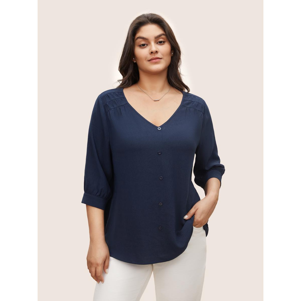 Plus Size Indigo Solid Button Detail Gathered Lantern Sleeve Blouse Women Work From Home Elbow-length sleeve V-neck Work Blouses BloomChic 12/L Product Image