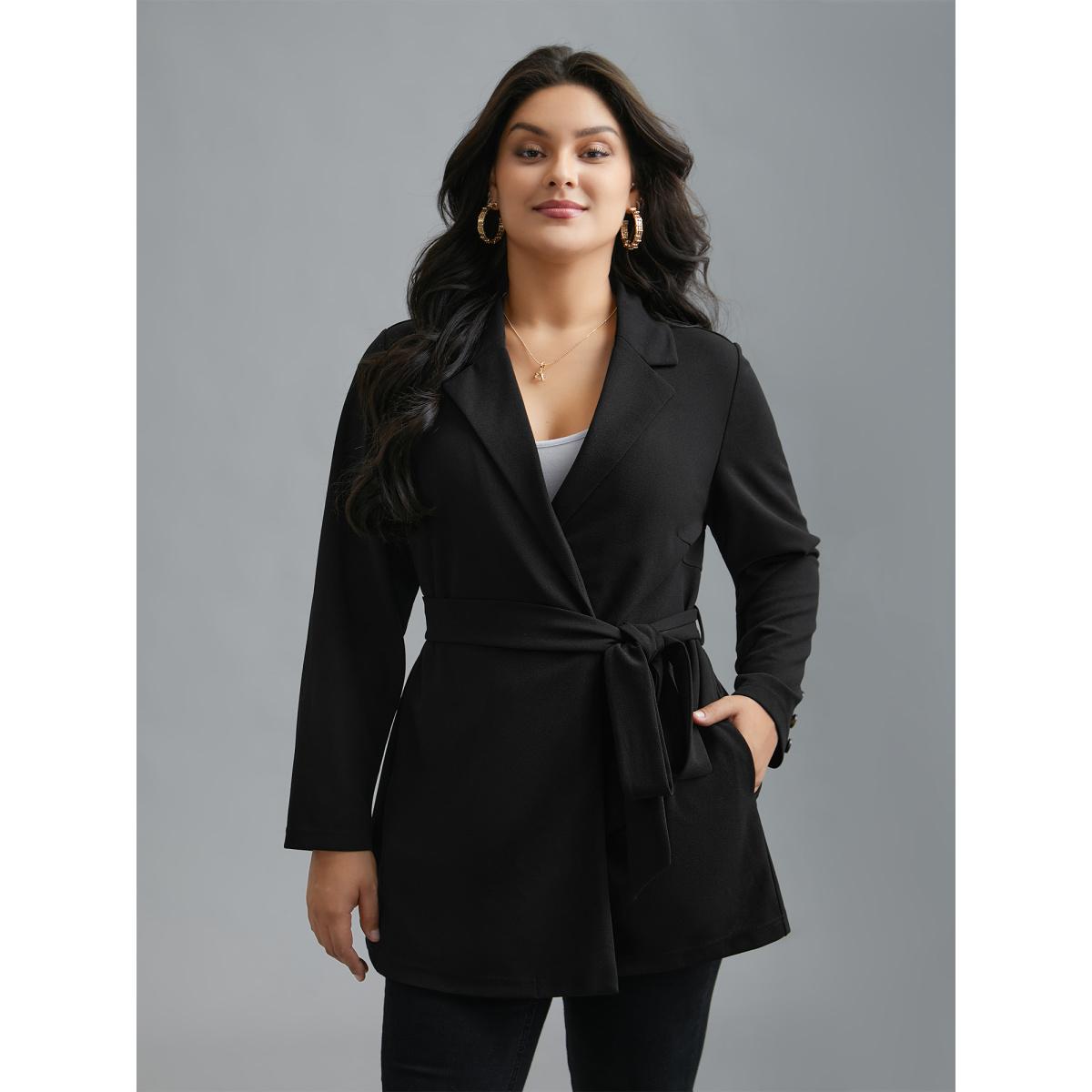Plus Size Lapel Collar Belted Button Detail Jacket Women Black Belted Bodycon Side seam pocket Belt Everyday Jackets BloomChic 12/L Product Image
