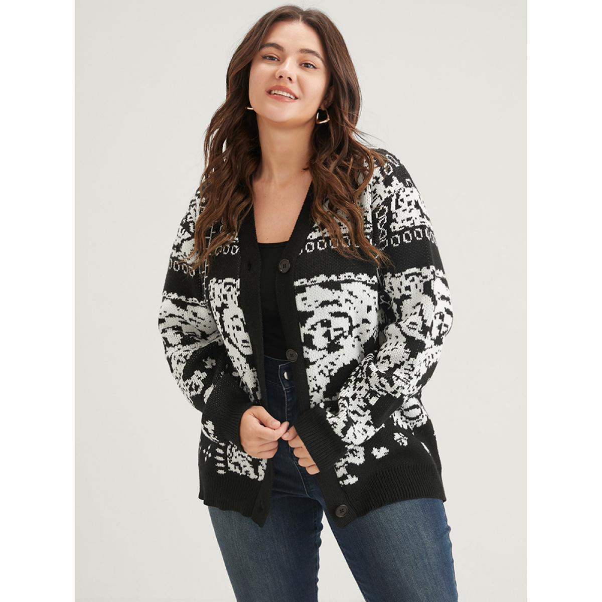 Plus Size Bandana Super Soft Knit Button Front Jacquard Cardigan BlackFlower Women Casual Long Sleeve Dailywear Cardigans BloomChic 22-24/3X Product Image