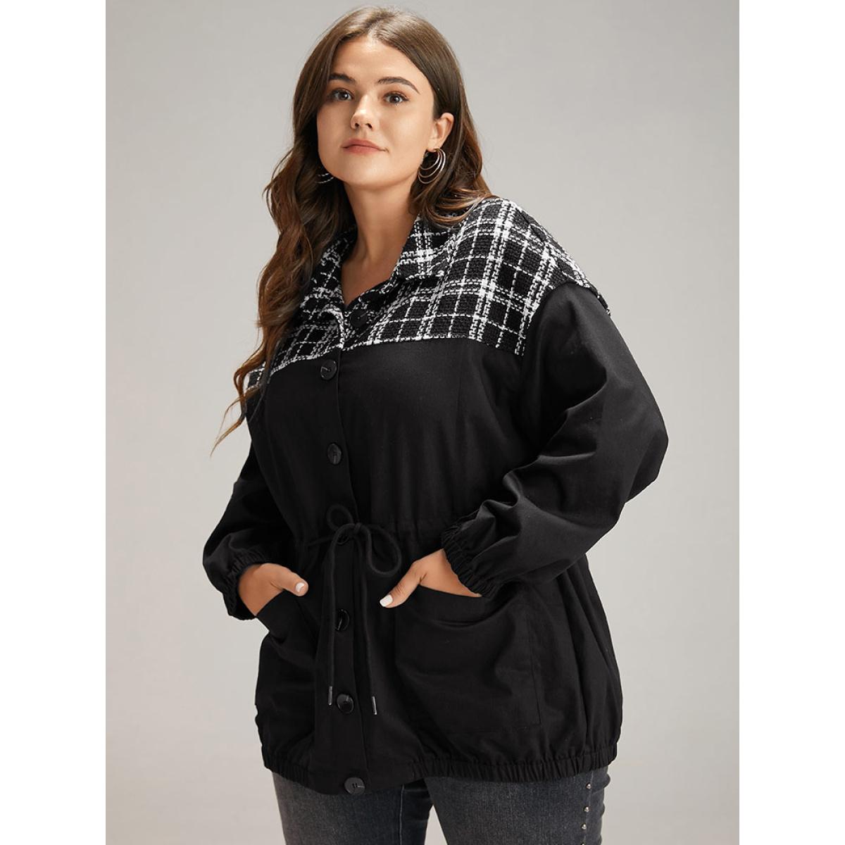 Plus Size Plaid Patchwork Contrast Drawstring Button Up Jacket Women Black Elastic cuffs Pocket Dailywear Jackets BloomChic 18-20/2X Product Image