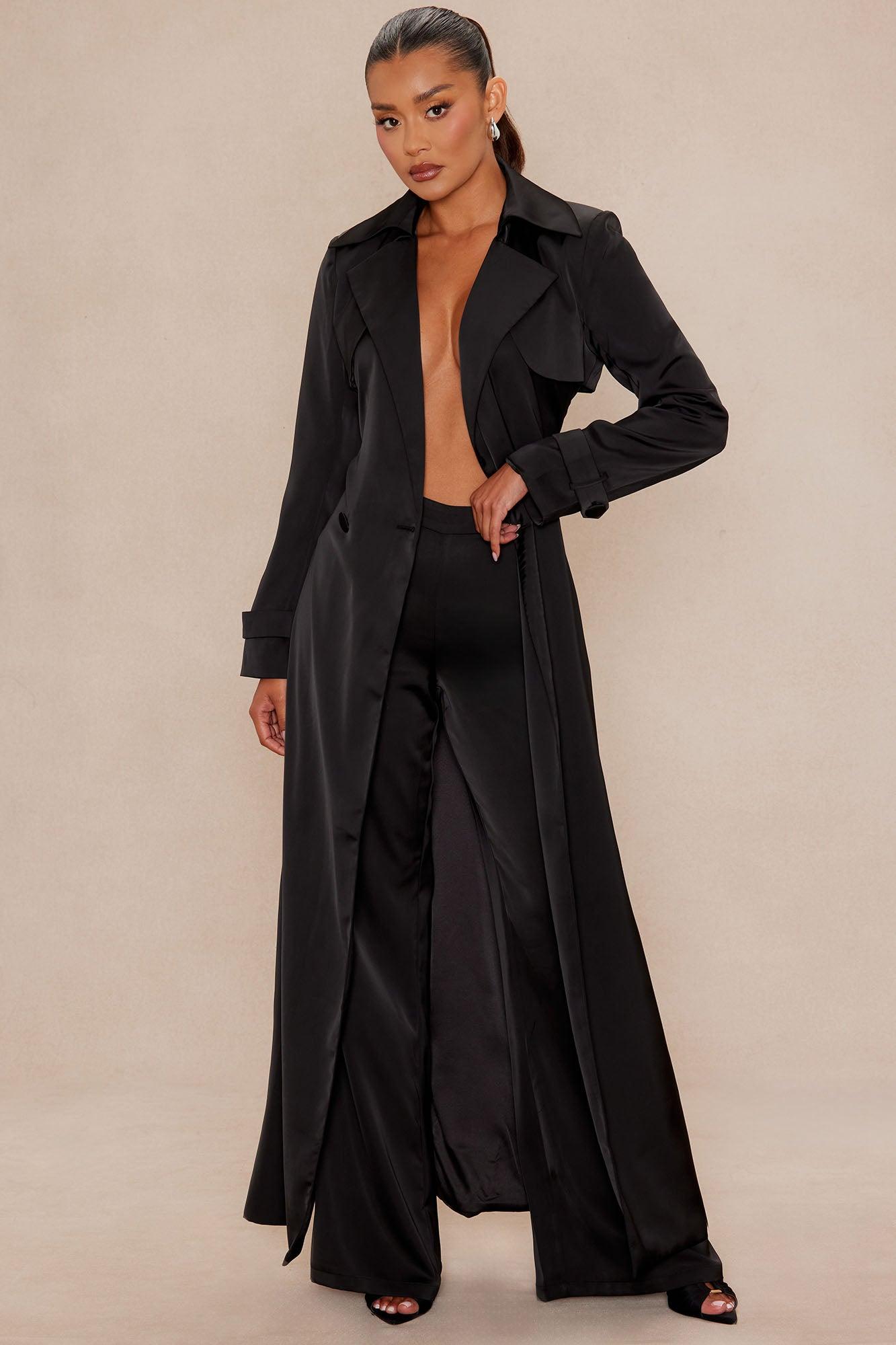 Gabriella Satin Trench Coat And Pant Set - Black Female Product Image