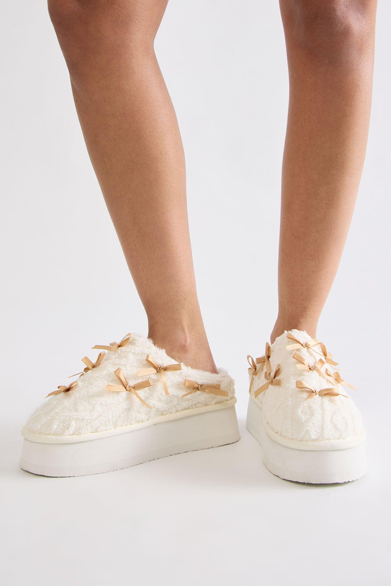 Teddy Bow Slippers - Beige Product Image