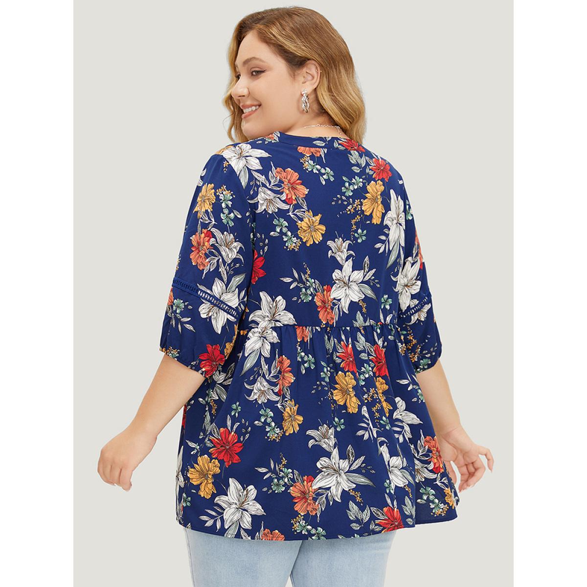 Plus Size Indigo Floral Lantern Sleeve Lace Gathered Notched Blouse Women Elegant Elbow-length sleeve Notched collar Dailywear Blouses BloomChic 26/4X Product Image