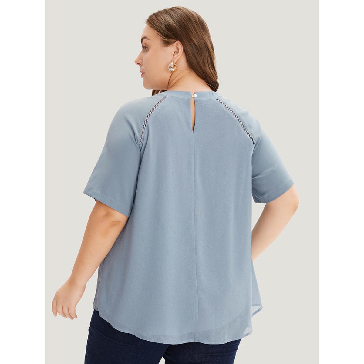 Plus Size Stone Solid Pleated Raglan Sleeve Patchwork Blouse Women Elegant Short sleeve Round Neck Dailywear Blouses BloomChic 14-16/1X Product Image