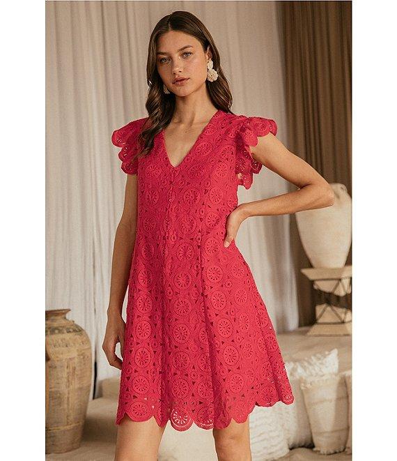 Skies Are Blue Crotchet V-Neck Cap Sleeve Mini Dress Product Image