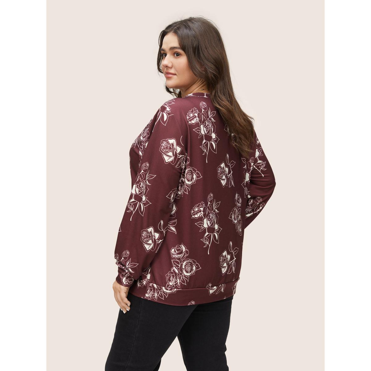 Plus Size Silhouette Floral Rose Print V Neck Sweatshirt Women Burgundy Casual Non V-neck Everyday Sweatshirts BloomChic 14-16/1X Product Image
