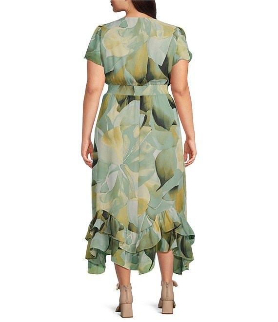 Anne Klein Plus Size Chiffon V-Neck Flutter Sleeve Tea Length Dress Product Image