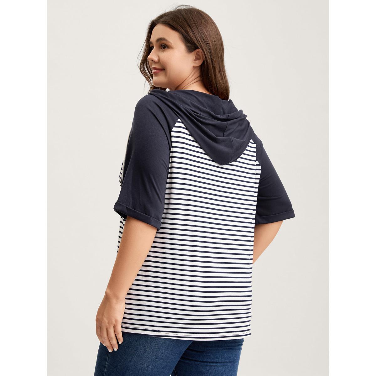 Plus Size Striped Raglan Hooded Contrast T-Shirt Indigo Women Contrast Hooded Everyday-Casual T-shirts BloomChic 12/L Product Image