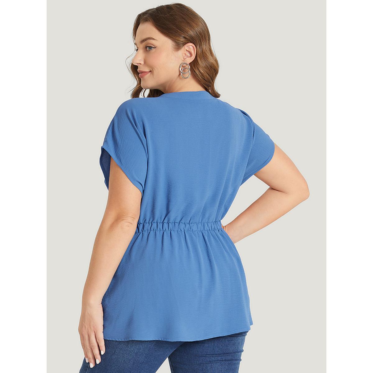 Plus Size DarkBlue Solid Drawstring Notched Batwing Sleeve Button Up Blouse Women Office Short sleeve V-neck Work Blouses BloomChic 22-24/3X Product Image