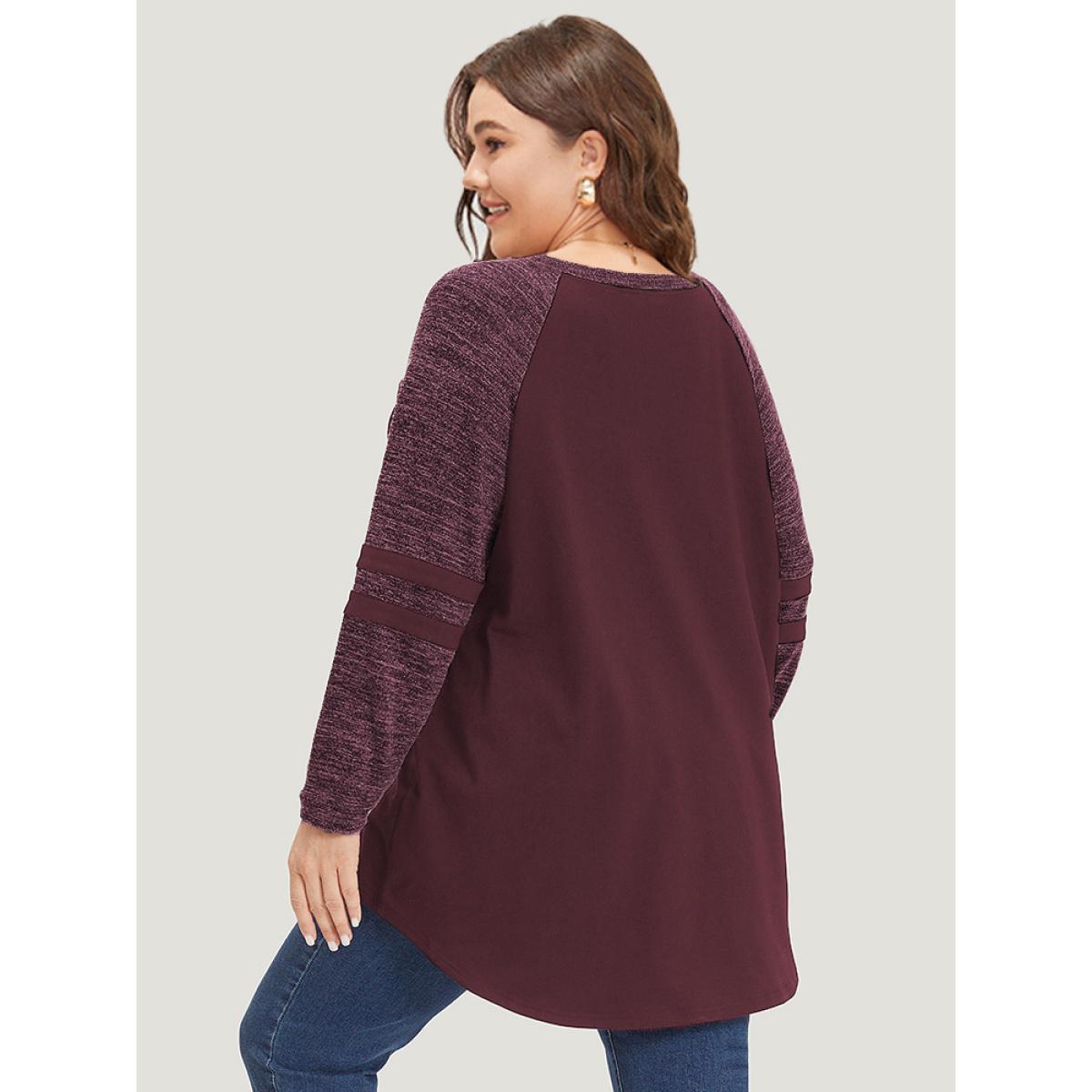 Plus Size Striped Contrast Pocket Raglan Sleeve High Low Hem Sweatshirt Women Burgundy Casual Contrast Round Neck Everyday Sweatshirts BloomChic 28/5X Product Image