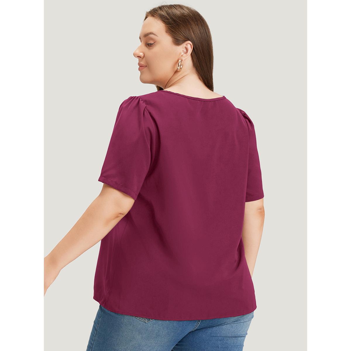 Plus Size Burgundy Anti-Wrinkle Plain Metal Detail Keyhole Neck Blouse Women Office Short sleeve V-neck Work Blouses BloomChic 12/L Product Image
