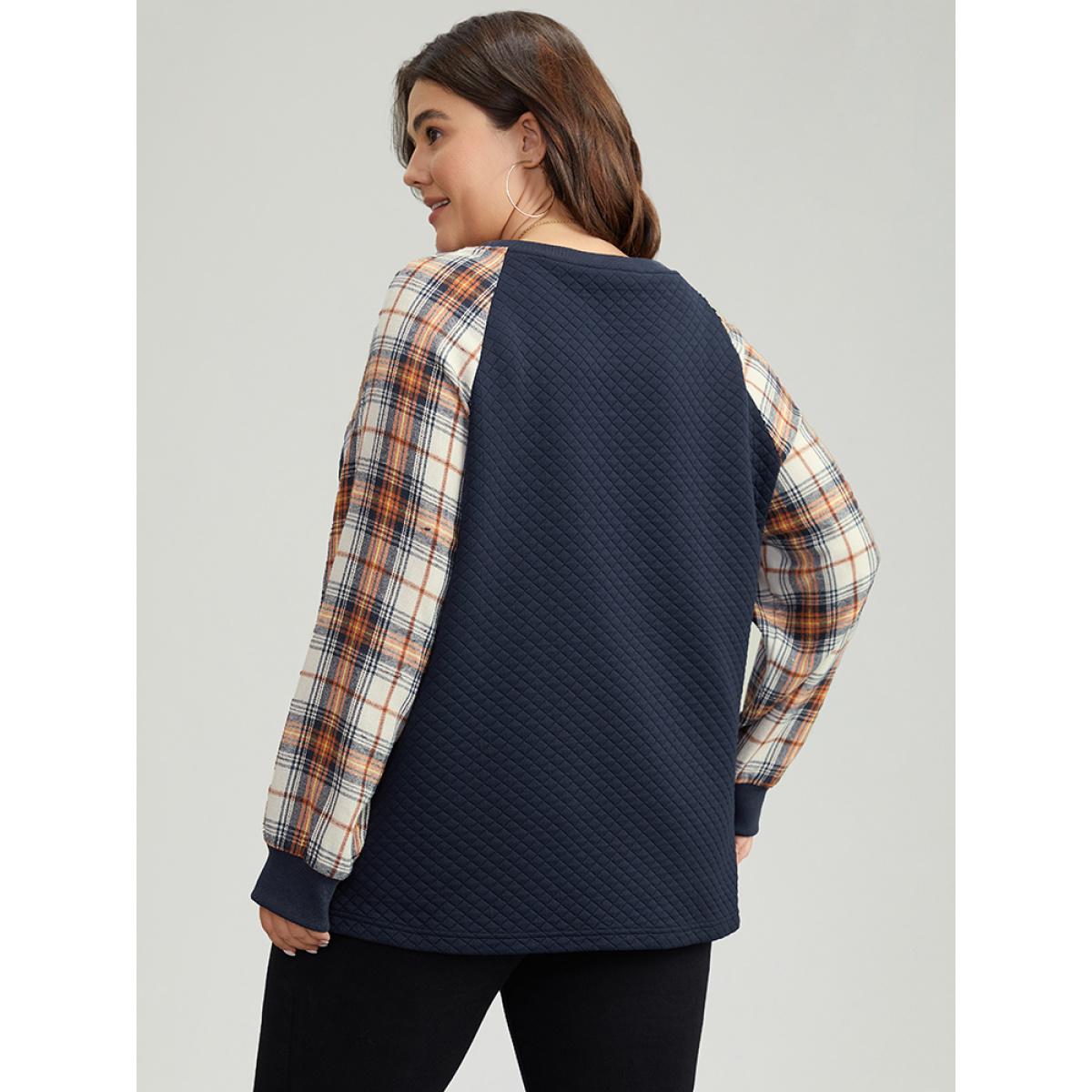 Plus Size Rib Knit Plaid Patchwork Raglan Sleeve Sweatshirt Women DarkBlue Casual Elastic cuffs Round Neck Festival-Christmas Sweatshirts BloomChic 22-24/3X Product Image