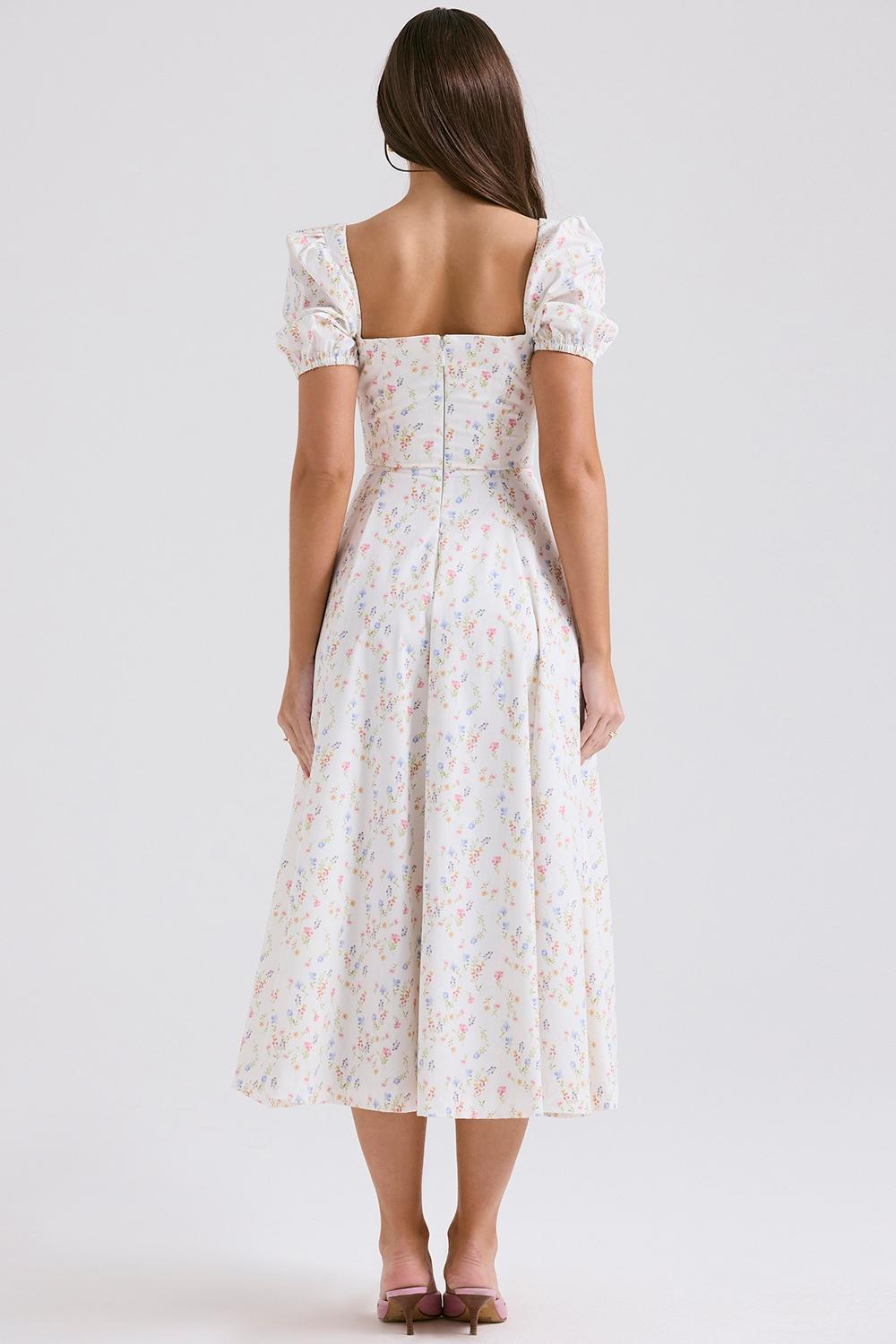 Tallulah  white posy print cotton puff sleeve midi sundress Product Image