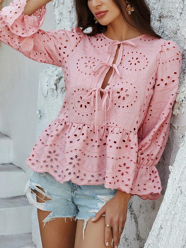 Long Sleeves Loose Elasticity Hollow Pleated Solid Color Tied Round-Neck Blouses&Shirts Tops Product Image