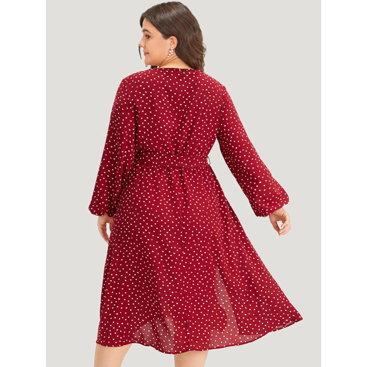 Plus Size Polka Dot Split Side Belted Lantern Sleeve Dress Scarlet Women Elegant Elastic cuffs V-neck Long Sleeve Curvy Midi Dress BloomChic 18-20/2X Product Image