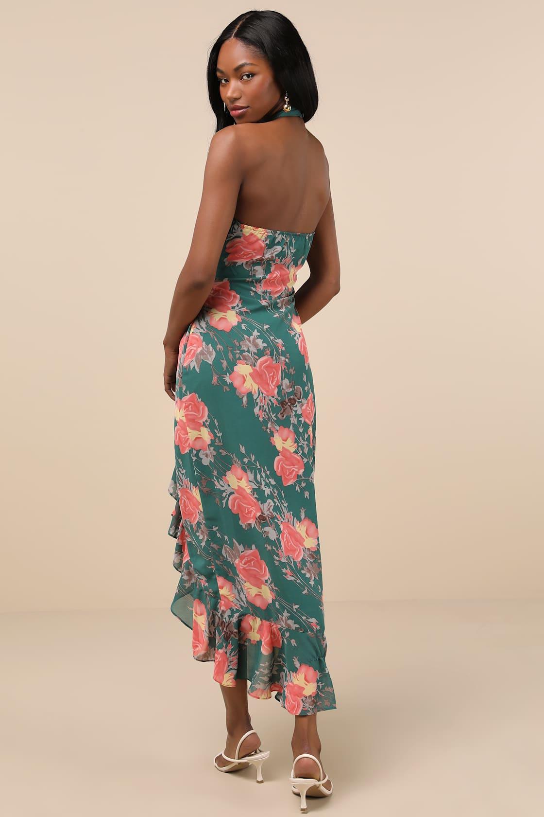 Elegant Entrance Teal Green Floral Print Halter Maxi Dress Product Image