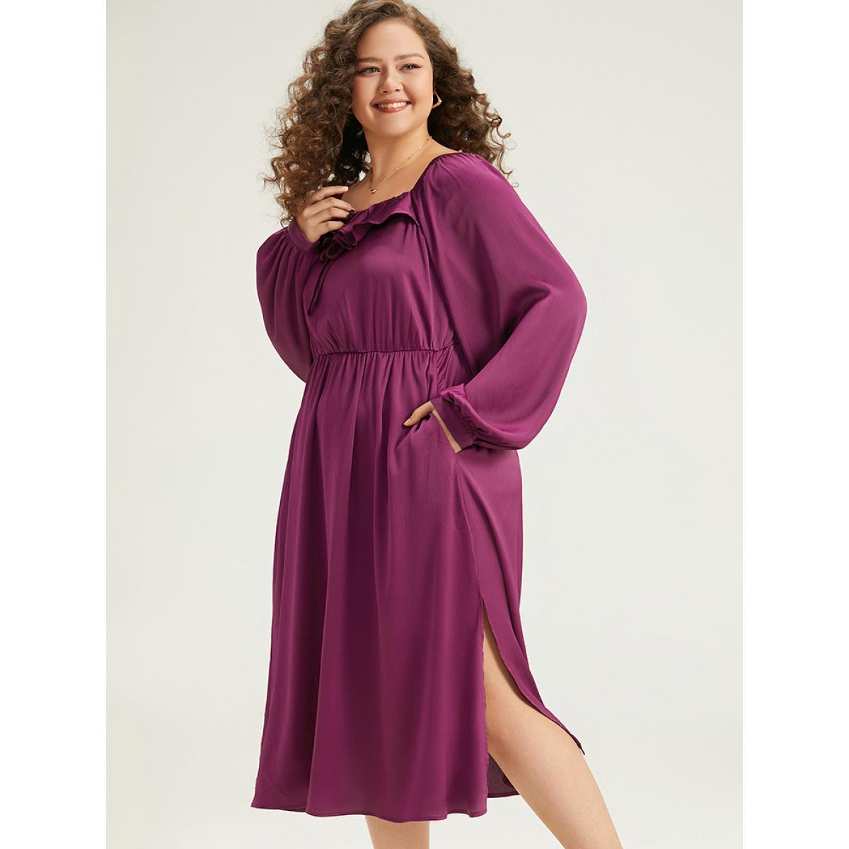 Plus Size Plain Flutter Trim Ties Split Side Dress Purple Women Elegant Gathered Square Neck Long Sleeve Curvy Midi Dress BloomChic 22-24/3X Product Image