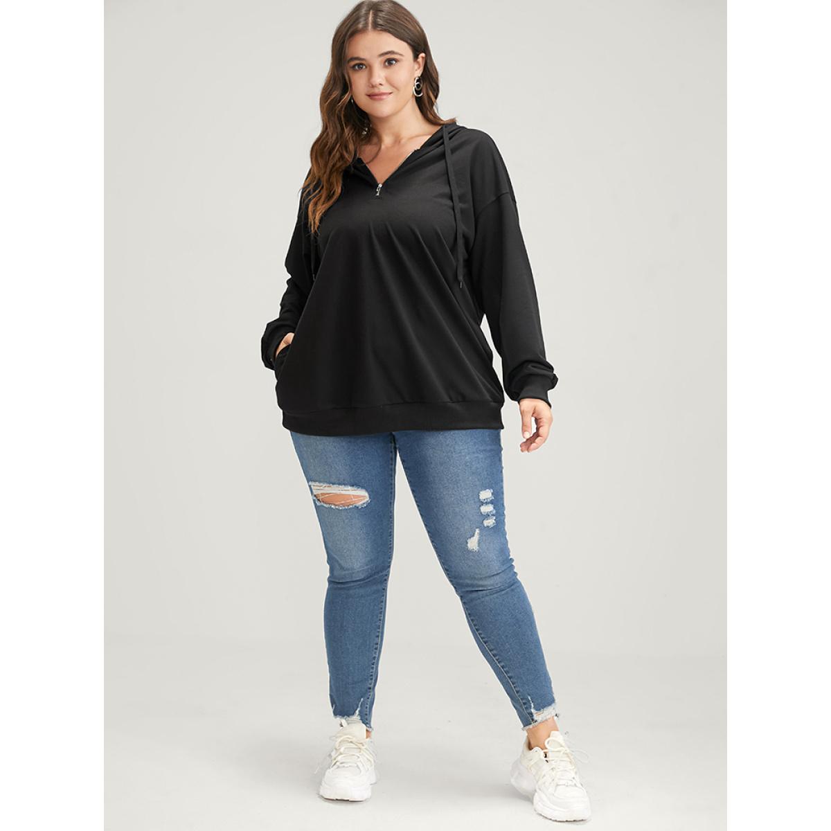 Plus Size Solid Zipper Front Pocket Drawstring Hooded Sweatshirt Women Black Casual Zipper Hooded Dailywear Sweatshirts BloomChic 30/6X Product Image