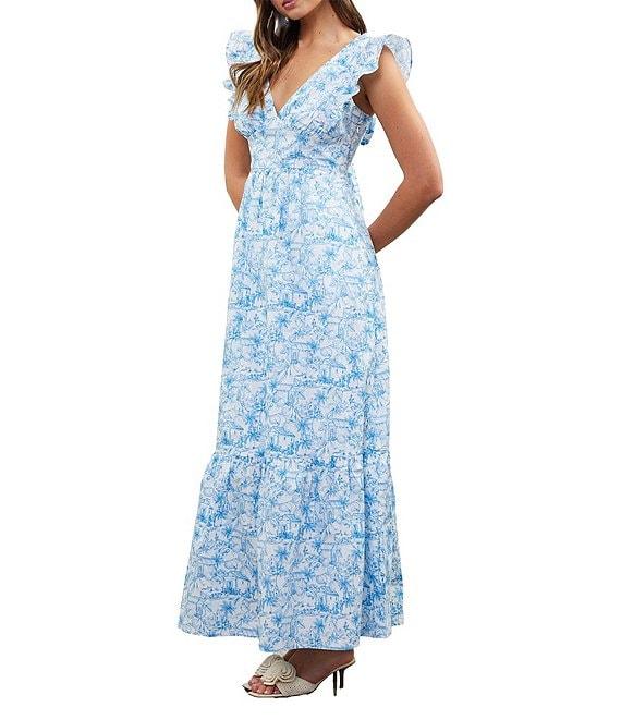 Skies Are Blue Printed V-Neck Flutter Sleeve Tiered Maxi Dress Product Image